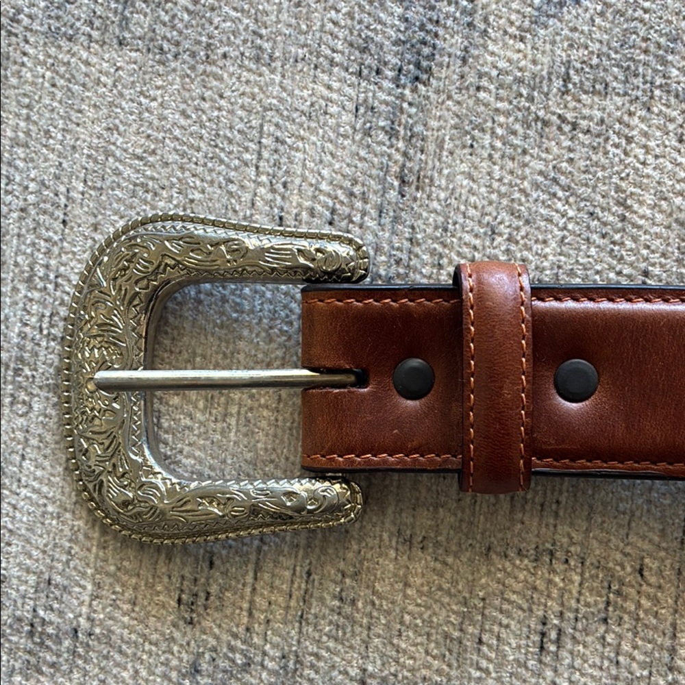 VINTAGE Genuine Leather Brown Belt with Silver Buckle 36